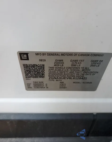 2020 Chevrolet Equinox Lt из США, поврежденный, VIN 2GNAXUEV6L6128421